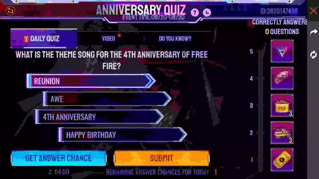 4th anniversary free fire theme song Gareena Free Fire Quiz Answers 22 august 2021