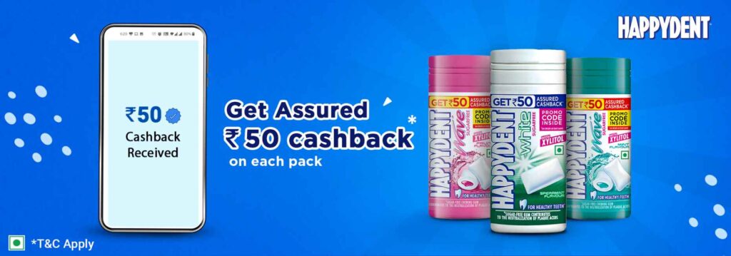 PayTM Happydent Offer Rs.50 assured cashback