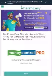 Free PharmEasy Plus Membership For Money Control Pro Users