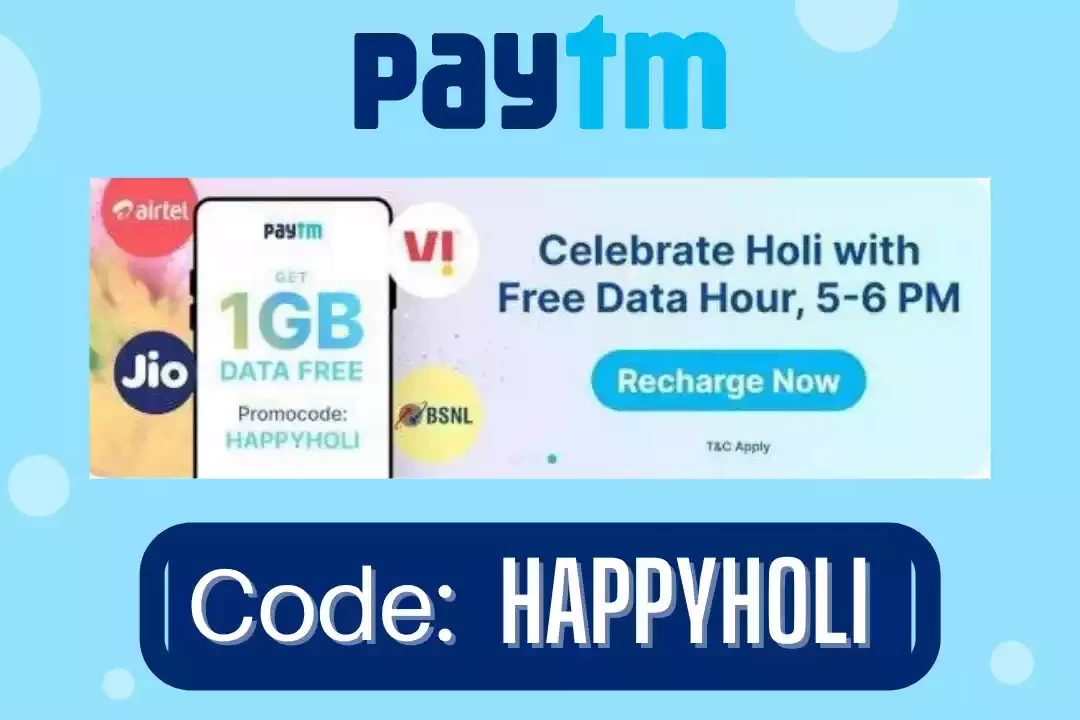 Paytm Holi Free Data Hours Promocode: 100% Cashback & 1 GB Free Data