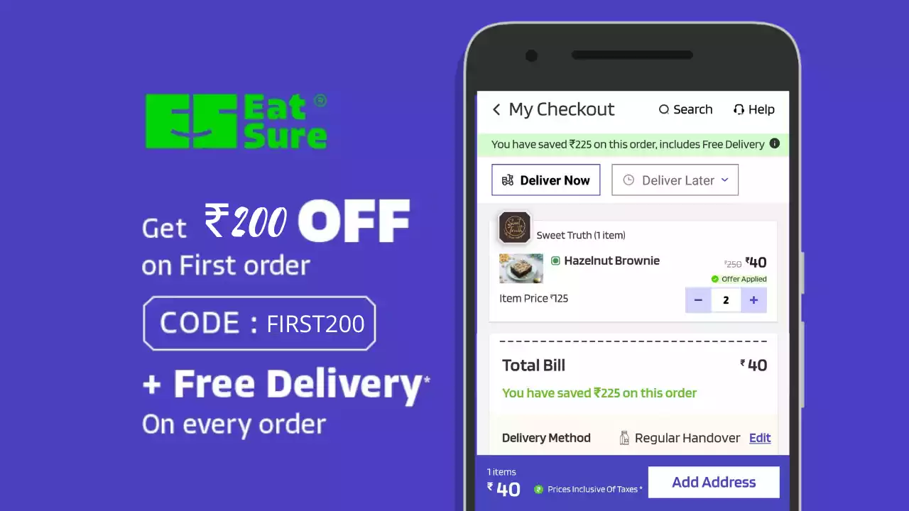 Read more about the article EatSure Coupon Code FIRST200: Flat ₹200 Off + Free Delivery