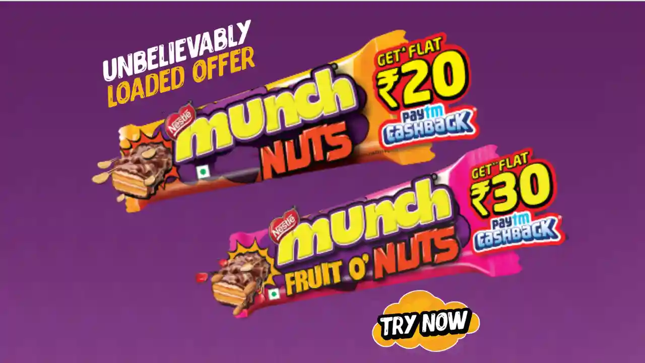Read more about the article Munch Fruit O Nuts Offer: SMS & Win Flat ₹20/₹30 Paytm Cashback