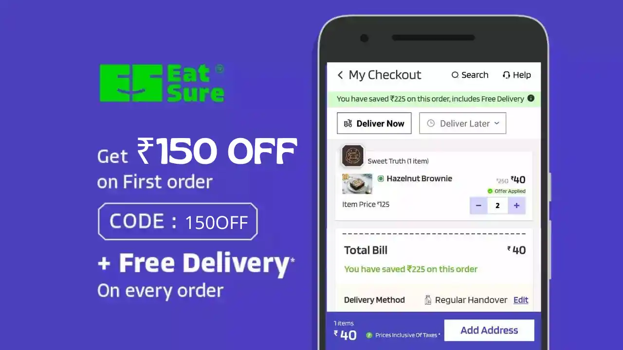 Read more about the article EatSure Coupon Code 150OFF: Flat ₹150 Off With Free Delivery