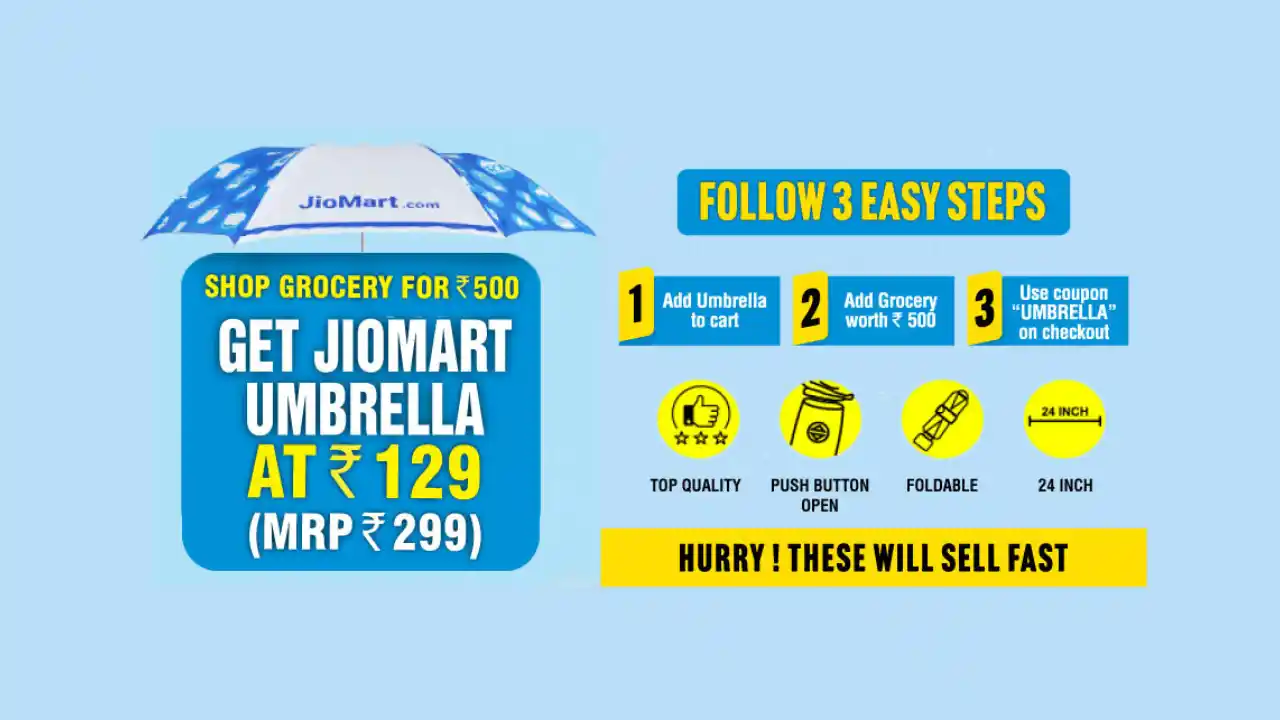 Read more about the article JioMart Umbrella At Rs.129 With Grocery Order | MRP Rs.299
