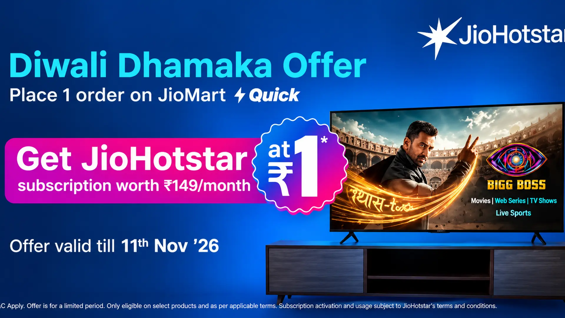 Read more about the article Get JIO Hotstar At ₹1: Place 1 Order On JioMart Quick | Diwali Dhamaka Offer